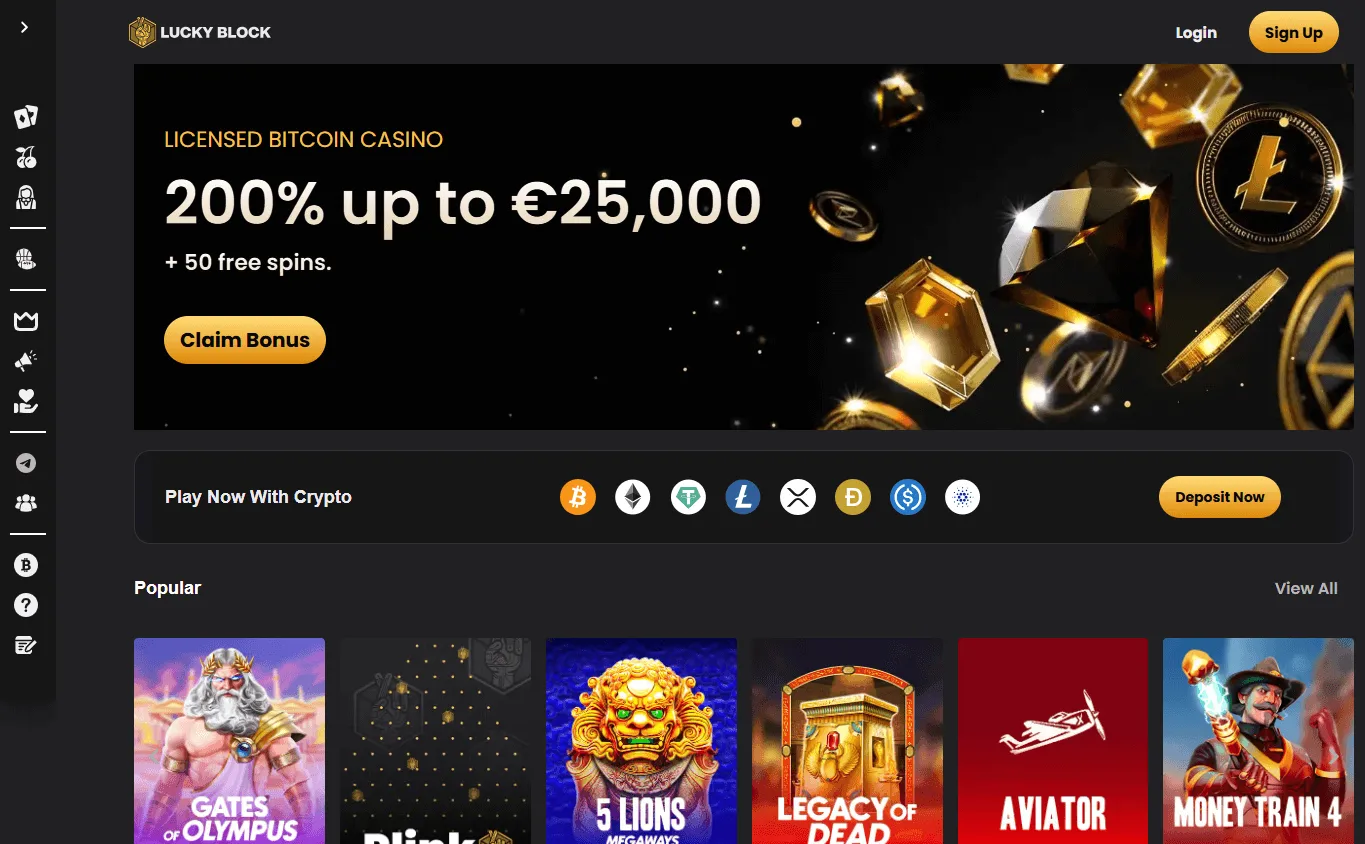 Lucky Block Casino home page on desktop