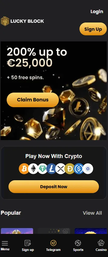 Lucky Block Casino home page on a mobile phone