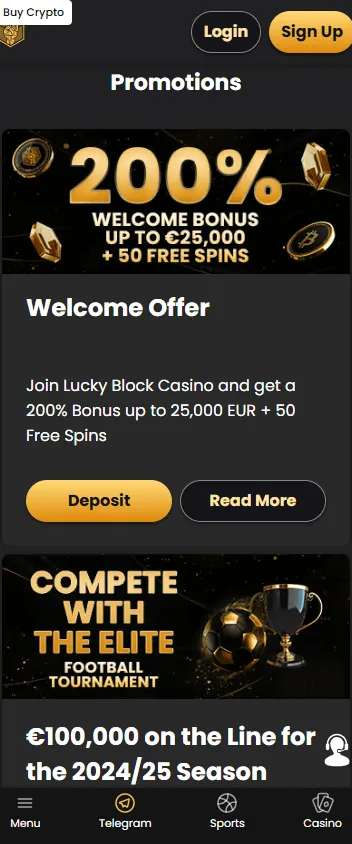 Lucky Block Casino promotions area on a mobile phone